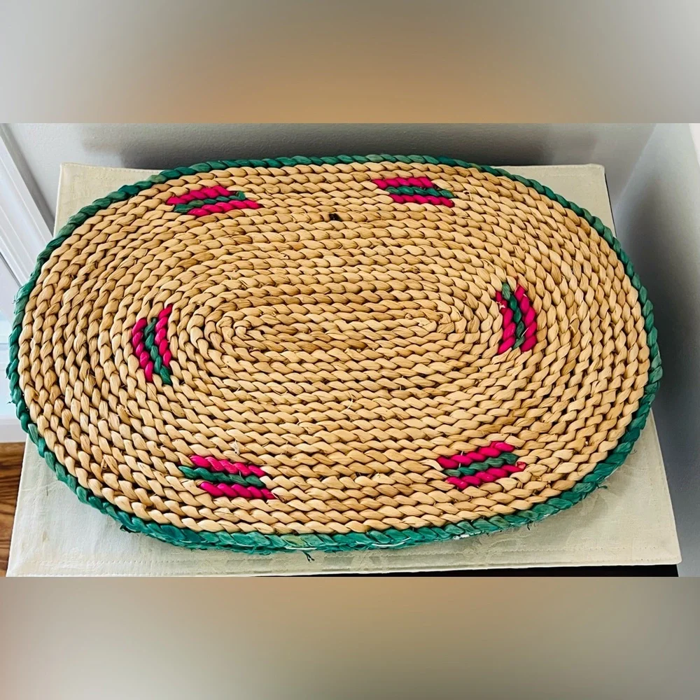 Vintage Handwoven Wicker Paper Plate Holders & Watermelon Placemats Set of 8